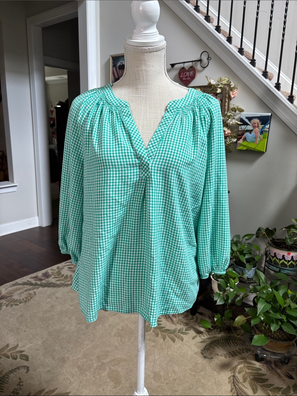 Crown and Ivy Women’s Green Gingham Peasant Blouse -size L
